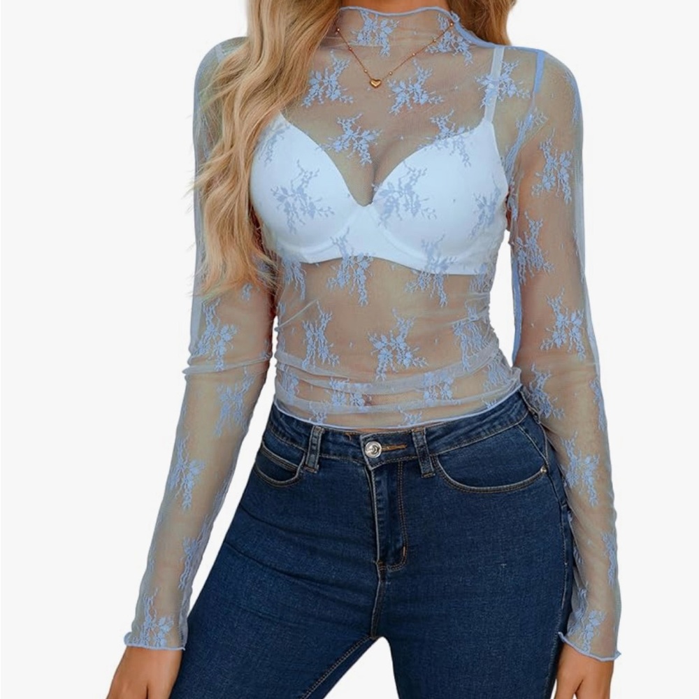 Sheer Lace Long Sleeve Top - Blue